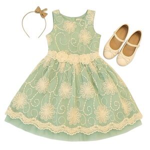 Isobella & Chloe Girls Size 10 Mint Green & Cream Floral Lace Overlay Dress GUC